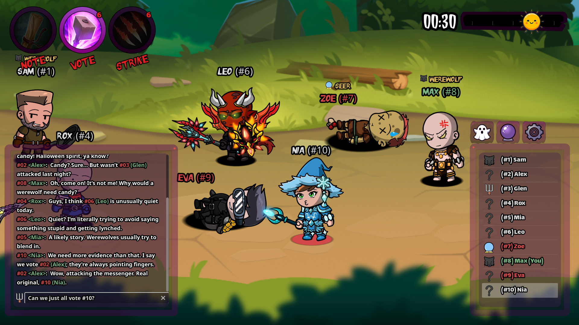 A screenshot of spooky night, a werewolf one night based game. The screenshot shows villagers accusing each other in the chat during the day phase