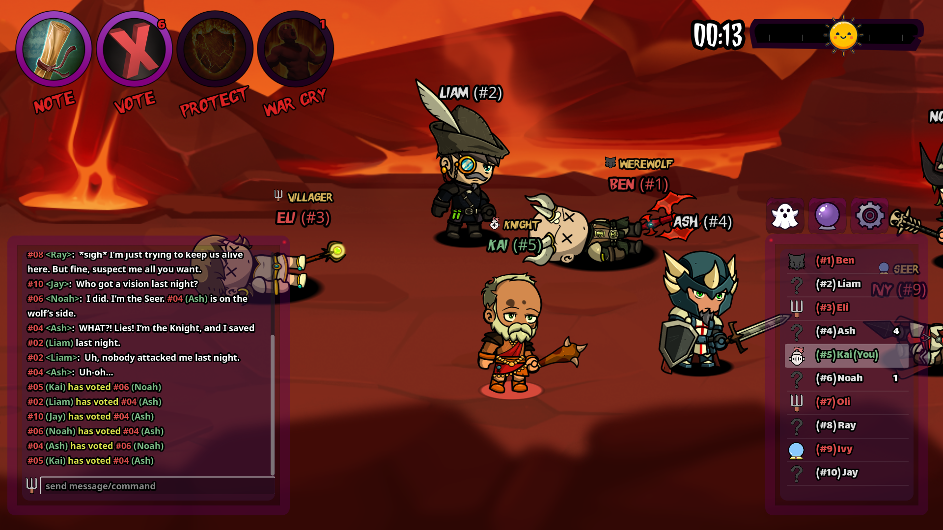 A screenshot of spooky night, a werewolf one night based game. The screenshot shows villagers voting each other during the day phase